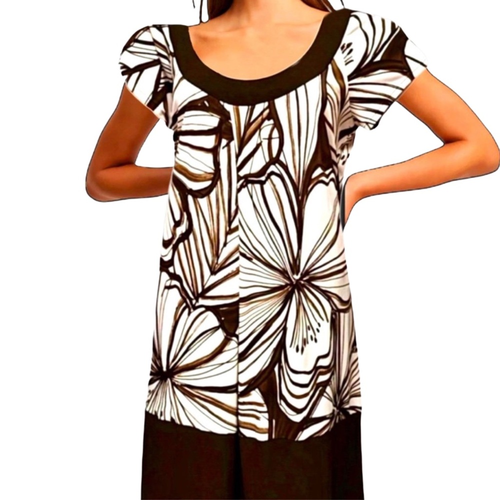 Scarlett Brown Tan & White Floral Raglan Short Sleeve Shift Mini Sun Dress Sz 14